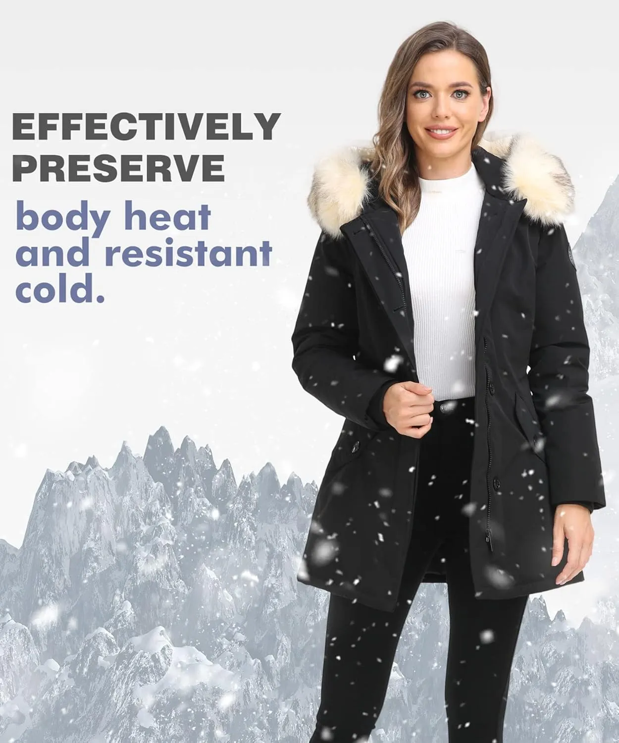 PUREMSX Duck Down Winter Coat for Women Insulated Long Thick Fur Hood Puffer Warm Parka Jacket