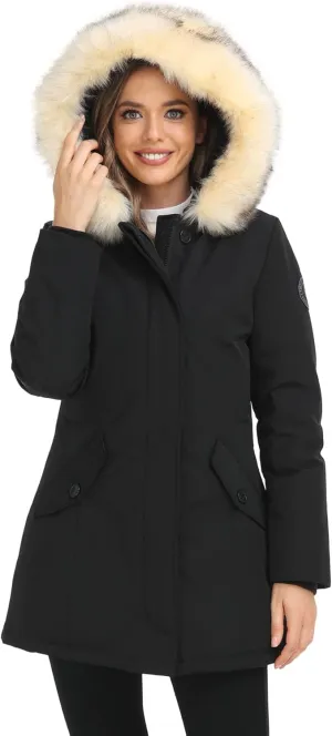PUREMSX Duck Down Winter Coat for Women Insulated Long Thick Fur Hood Puffer Warm Parka Jacket