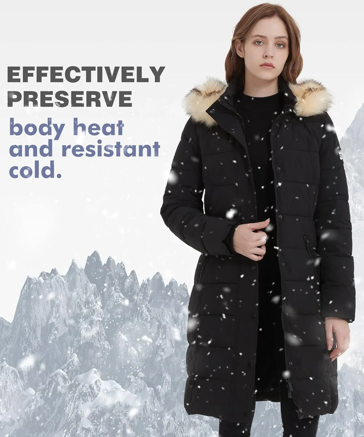 PUREMSX Winter Puffer Jacket for Women, Warm Fur Hood Outdoor Thick Insulated Quilted Long Coat XS-XXL