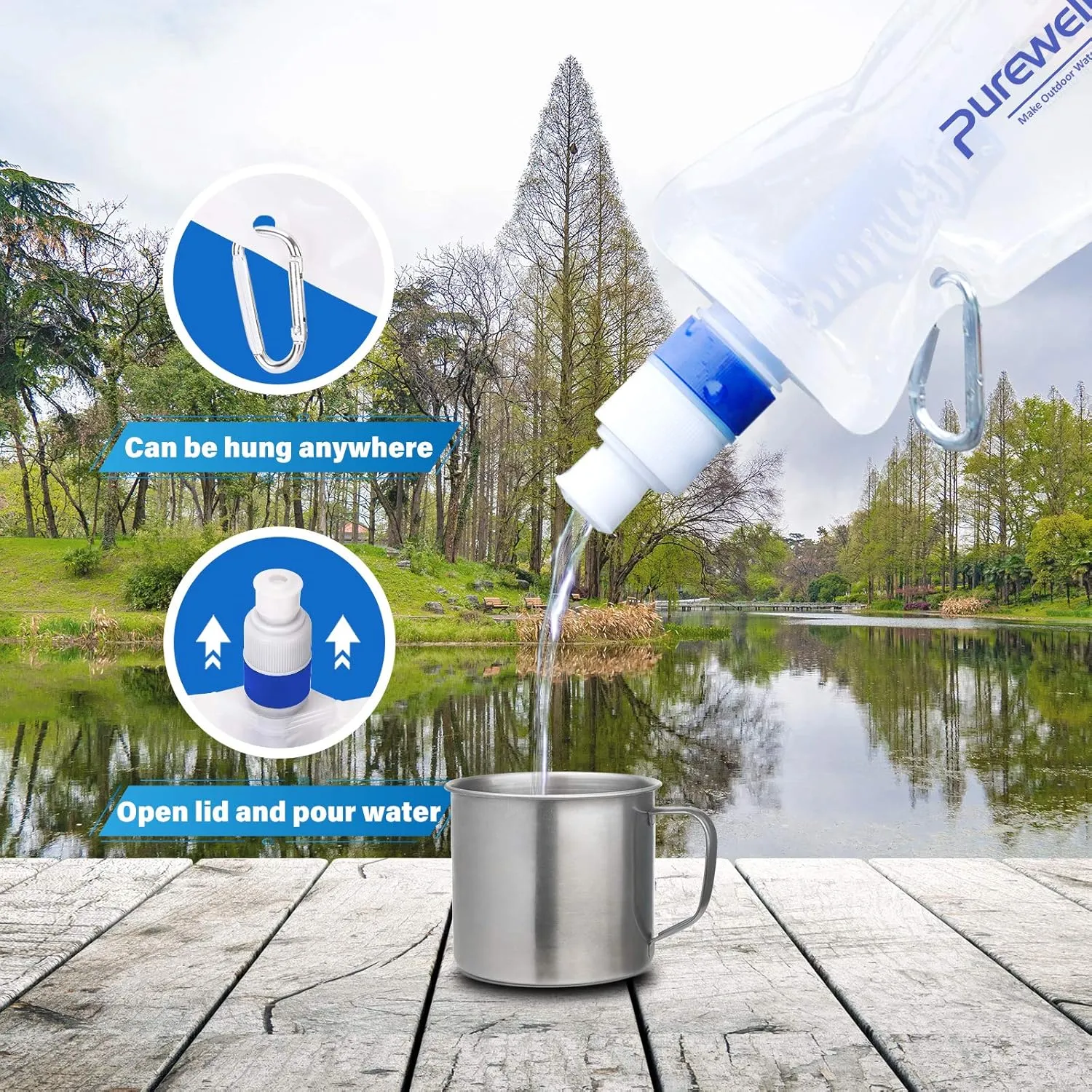 Purewell Collapsible Water Filter Canteens for Hiking, 1L Water Bag/Bottle with Filter, Squeeze Water Through a Filter, Lightweight, BPA Free, Leak Proof, Emergency Preparedness
