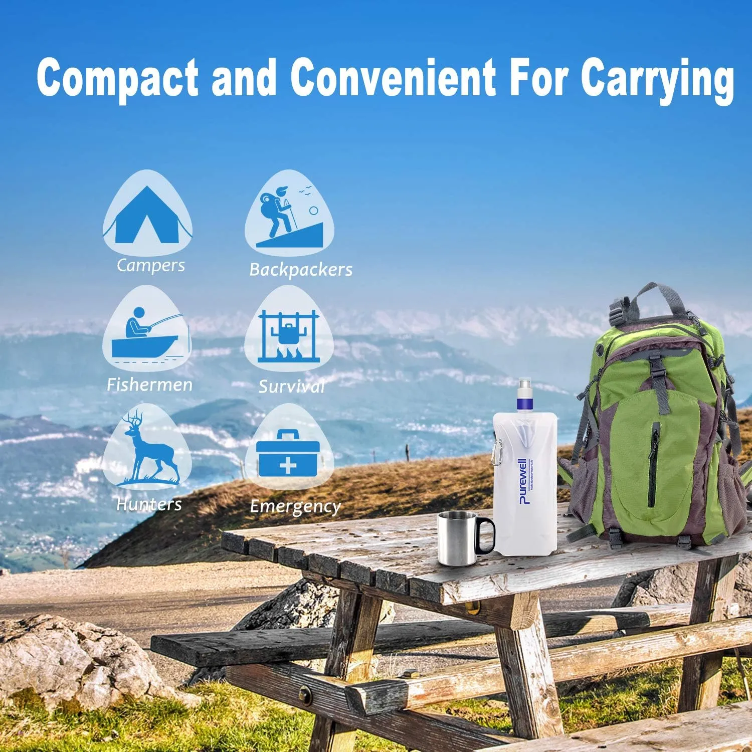 Purewell Collapsible Water Filter Canteens for Hiking, 1L Water Bag/Bottle with Filter, Squeeze Water Through a Filter, Lightweight, BPA Free, Leak Proof, Emergency Preparedness