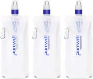 Purewell Collapsible Water Filter Canteens for Hiking, 1L Water Bag/Bottle with Filter, Squeeze Water Through a Filter, Lightweight, BPA Free, Leak Proof, Emergency Preparedness