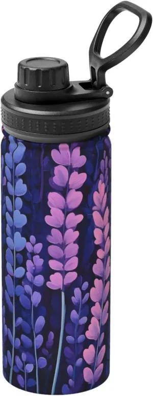 Purple Lavender Pattern Sports Insulated Water Bottle 18oz Stainless Steel Metal Water Bottles with Handle and Spout Lid Reusable Leakproof Double Wall Water Flask for Men Women Travel Gym