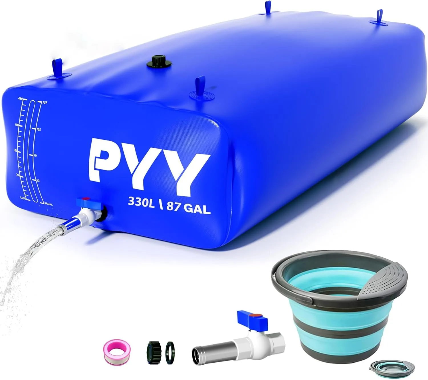 PYY Portable 87 Gallon Water Bladder - Truck Bed & Carrier Cart Water Bob Bathtub Emergency Water Bladders for Outdoor RV & Car Camping Water Bladder Tank with Spigots and Overflow Kit-Blue 330L