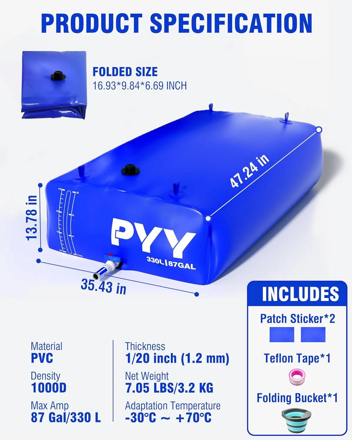 PYY Portable 87 Gallon Water Bladder - Truck Bed & Carrier Cart Water Bob Bathtub Emergency Water Bladders for Outdoor RV & Car Camping Water Bladder Tank with Spigots and Overflow Kit-Blue 330L