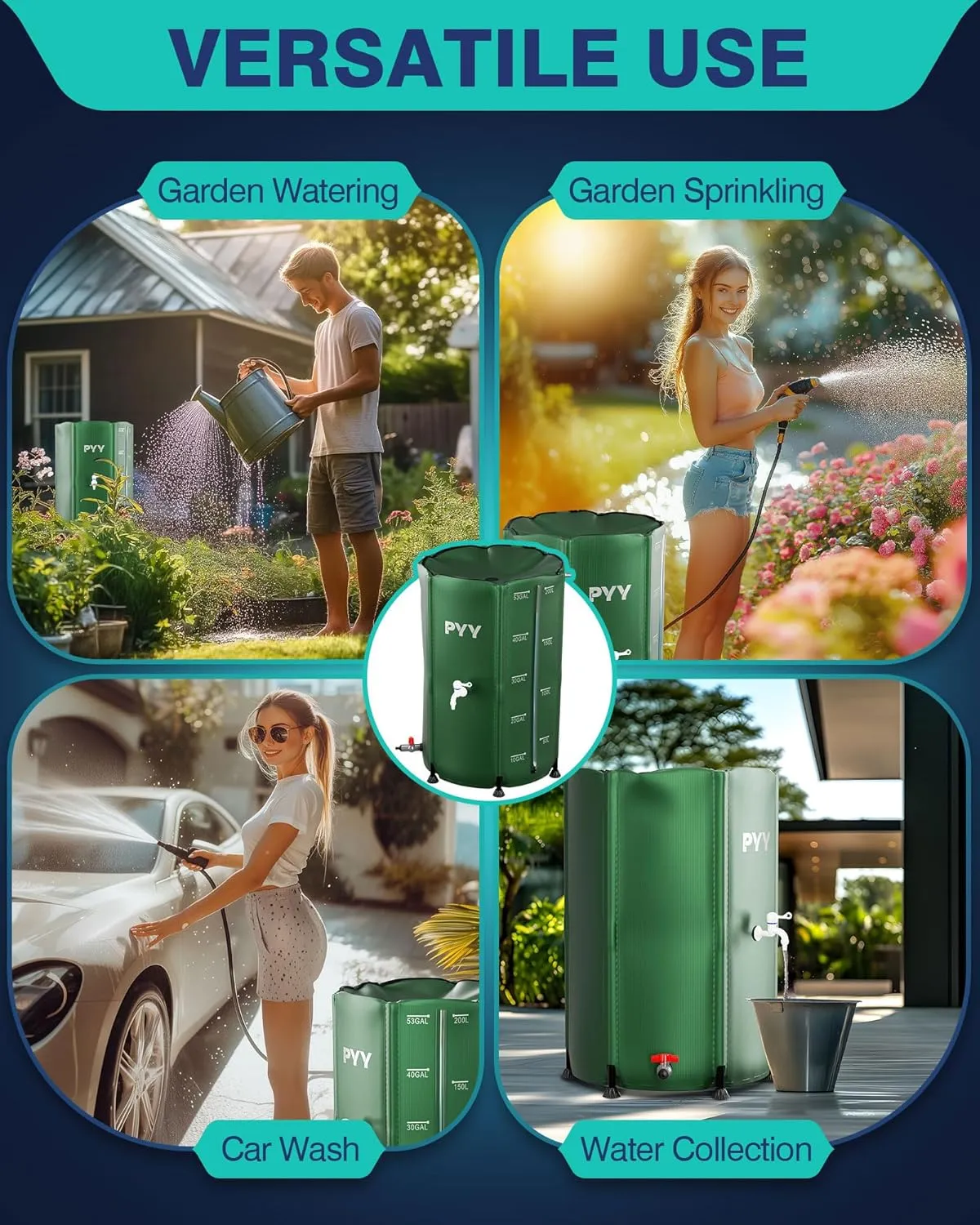 PYY Rain Water Collection Barrel - 53 Gallon Green Water Storage Tank with Spigots, Hose and Portable Bucket, Large Plastic Collapsible Rain Catcher Catchment System to Collect Rainwater from Gutter