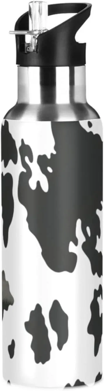 Qilmy Black White Cow Sport Water Bottle with Straw Lid Double Wall Vacuum Insulated Flask Stainless Steel Water Bottle 20 oz
