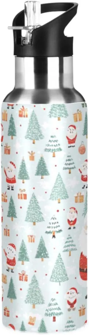 Qilmy Christmas Santa Claus Sport Water Bottle with Straw Lid Double Wall Vacuum Insulated Flask Stainless Steel Water Bottle 20 oz