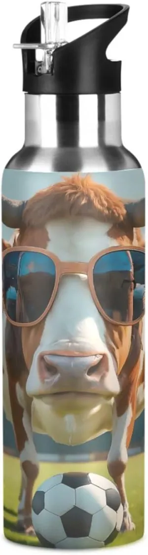 Qilmy Cool Cattle Pattern Sport Water Bottle with Straw Lid Double Wall Vacuum Insulated Flask Stainless Steel Water Bottle 20 oz