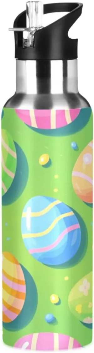Qilmy Easter Egg Sport Water Bottle with Straw Lid Double Wall Vacuum Insulated Flask Stainless Steel Water Bottle 20 oz