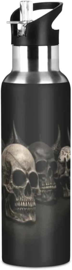 Qilmy Halloween Black Skull Sport Water Bottle with Straw Lid Double Wall Vacuum Insulated Flask Stainless Steel Water Bottle 20 oz