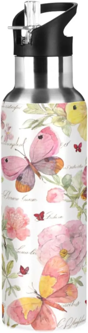 Qilmy Vintage Butterfly (2) Sport Water Bottle with Straw Lid Double Wall Vacuum Insulated Flask Stainless Steel Water Bottle 20 oz