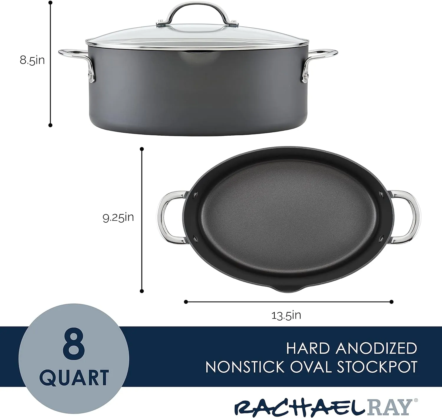 Rachael Ray 80090 Professional Hard Anodized Nonstick Cookware Oval Pasta Pot/Braiser, 8 Quart - Gray