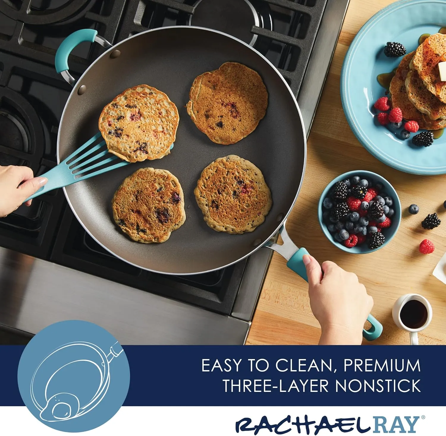 Rachael Ray Cook   Create Nonstick Frying Pan/Skillet with Helper Handle, 14 Inch - Agave Blue