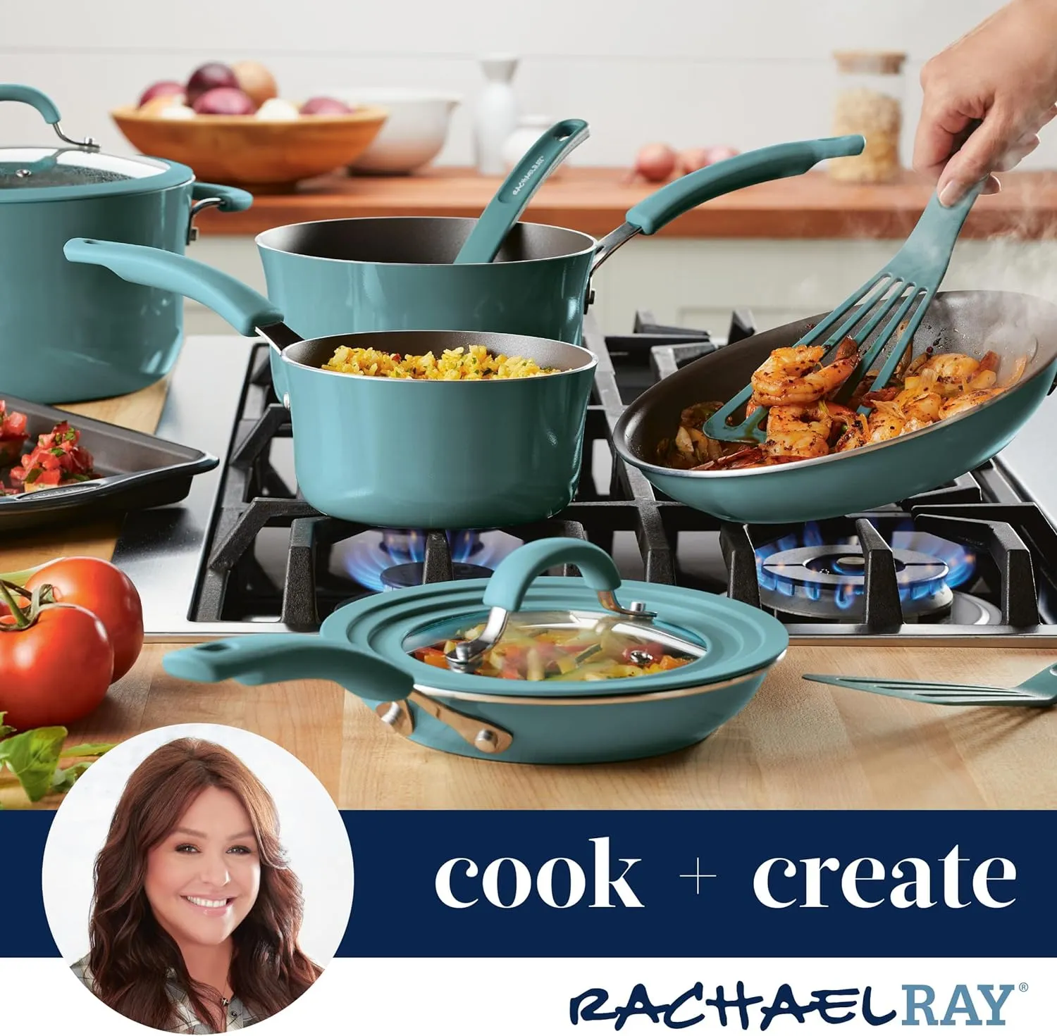 Rachael Ray Cook   Create Nonstick Frying Pan/Skillet with Helper Handle, 14 Inch - Agave Blue