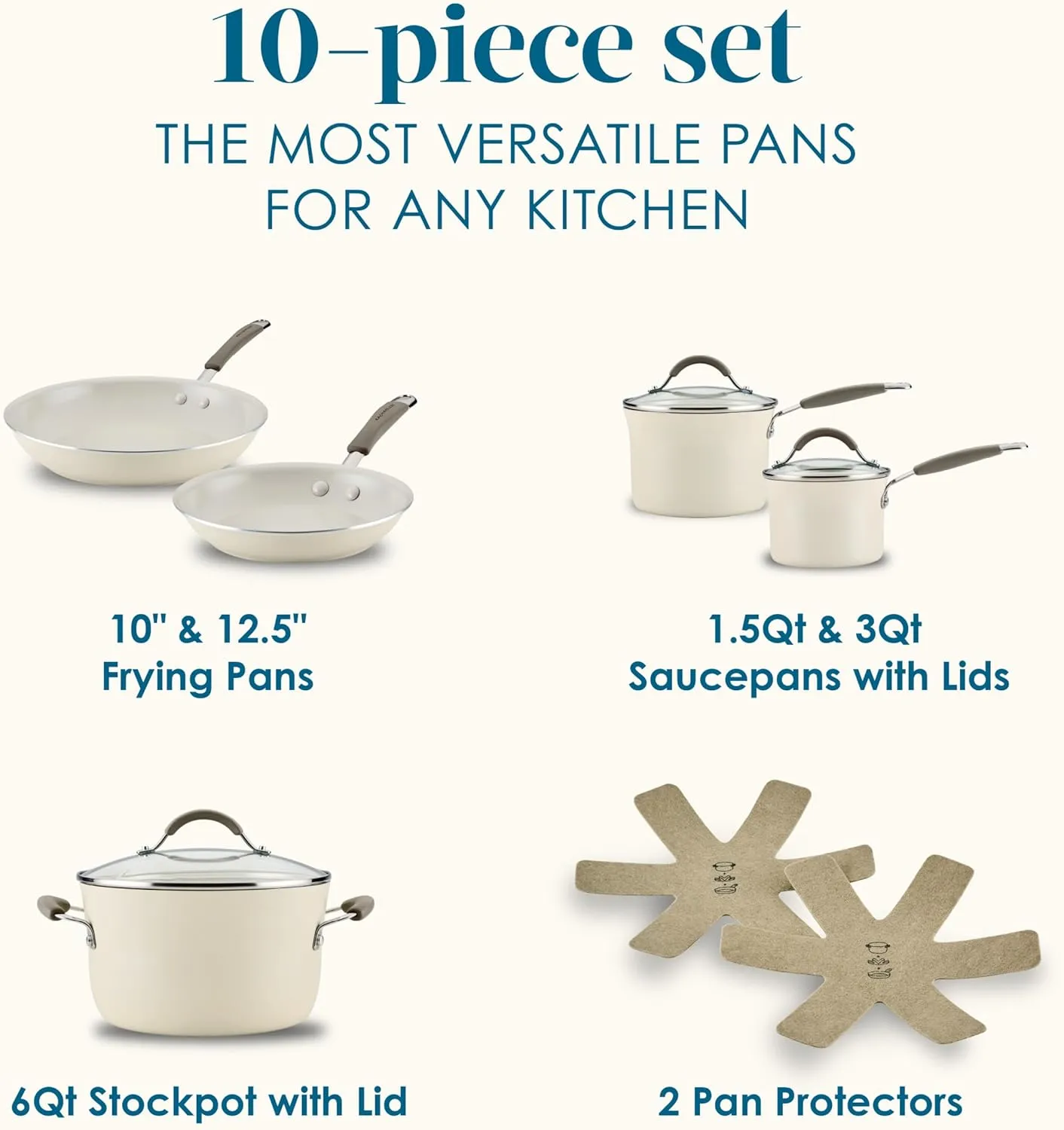 Rachael Ray Cucina Ceramic Nonstick Pots and Pans Set with Saucepans, Frying Pans, Stockpot, Lids, and Pan Protectors, 10 Piece Non Stick Cookware Set, Dishwasher Safe - Almond