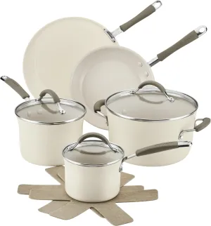 Rachael Ray Cucina Ceramic Nonstick Pots and Pans Set with Saucepans, Frying Pans, Stockpot, Lids, and Pan Protectors, 10 Piece Non Stick Cookware Set, Dishwasher Safe - Almond