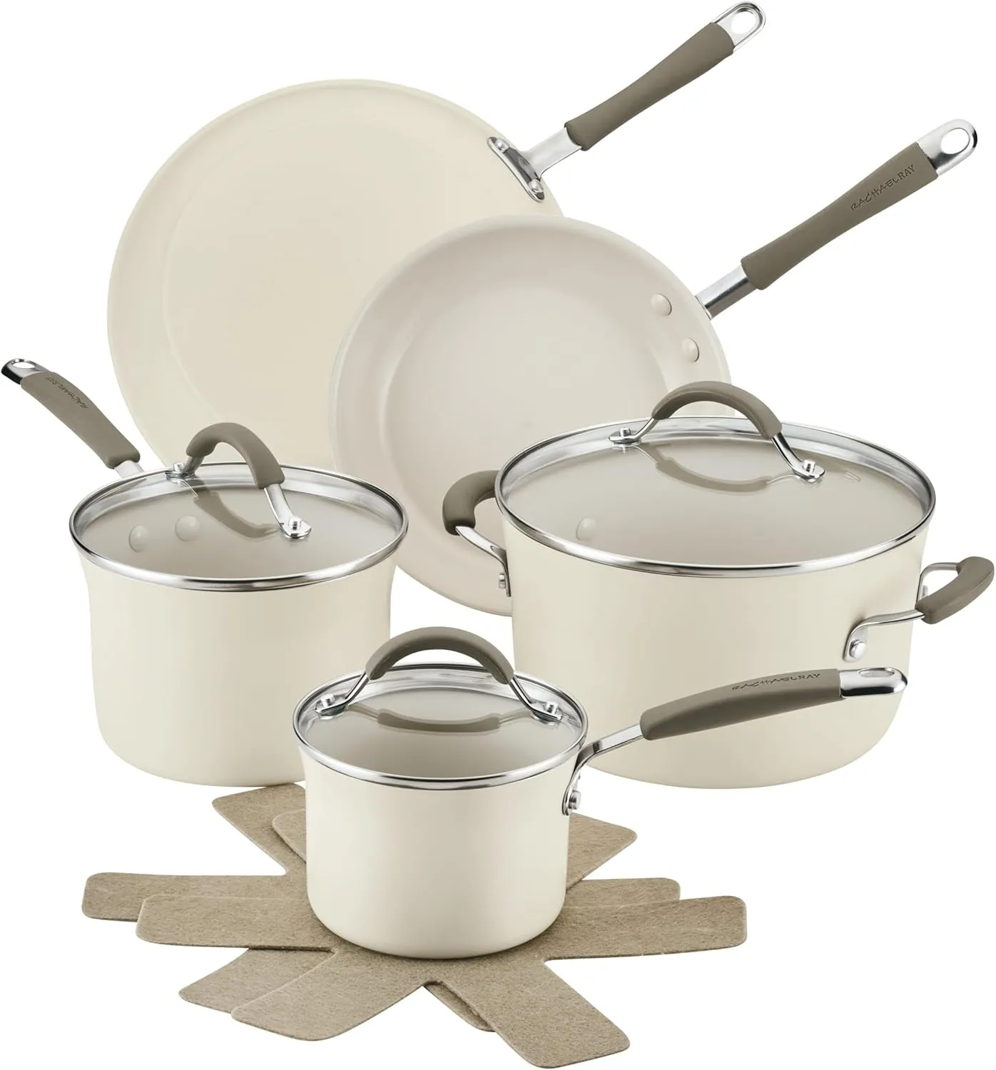 Rachael Ray Cucina Ceramic Nonstick Pots and Pans Set with Saucepans, Frying Pans, Stockpot, Lids, and Pan Protectors, 10 Piece Non Stick Cookware Set, Dishwasher Safe - Almond