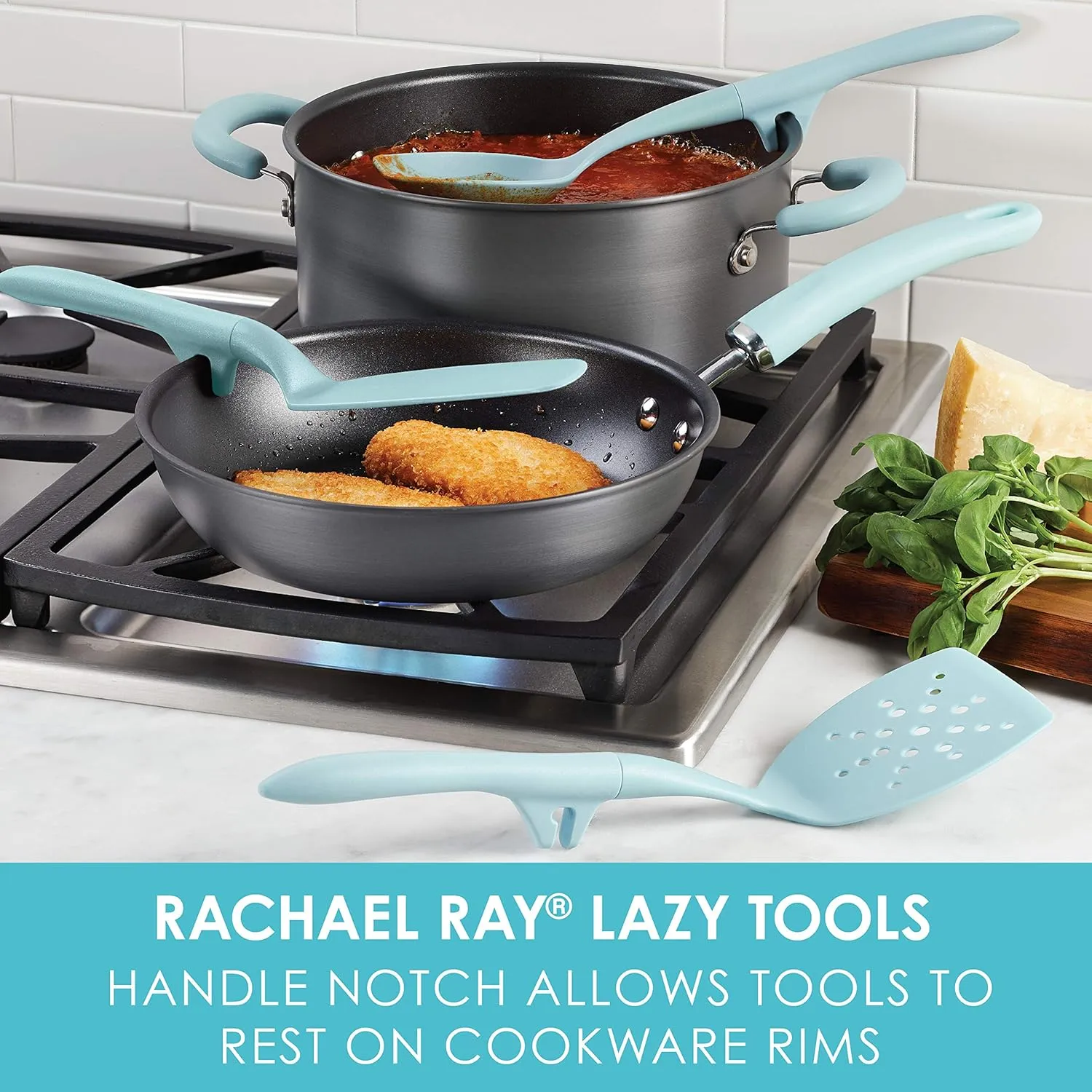 Rachael Ray Tools and Gadgets Spoon, Slotted and Solid Turners Set/ Cooking Utensils - 3 Piece, Light Blue