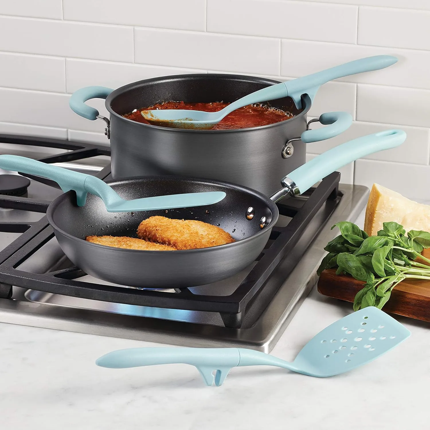 Rachael Ray Tools and Gadgets Spoon, Slotted and Solid Turners Set/ Cooking Utensils - 3 Piece, Light Blue