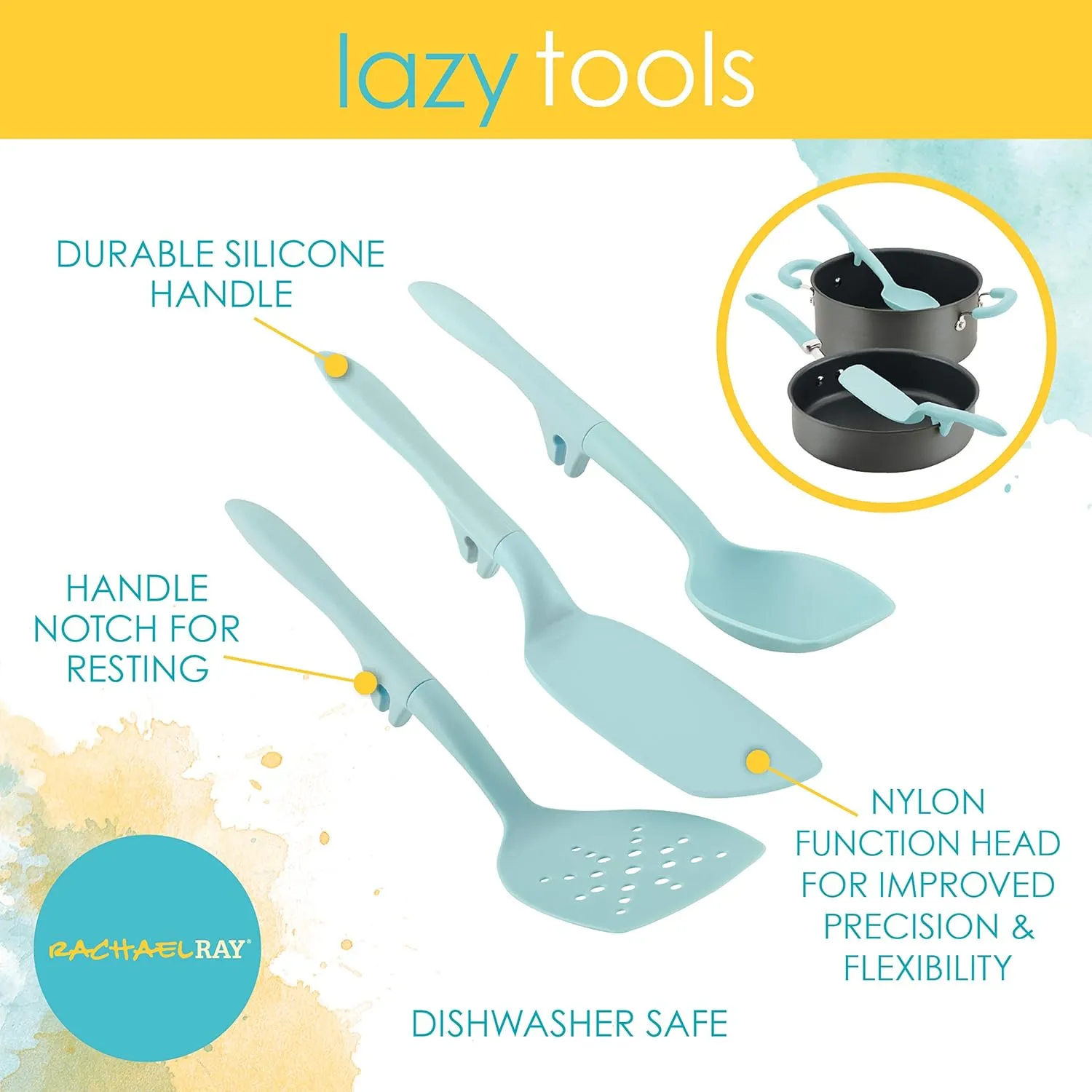 Rachael Ray Tools and Gadgets Spoon, Slotted and Solid Turners Set/ Cooking Utensils - 3 Piece, Light Blue