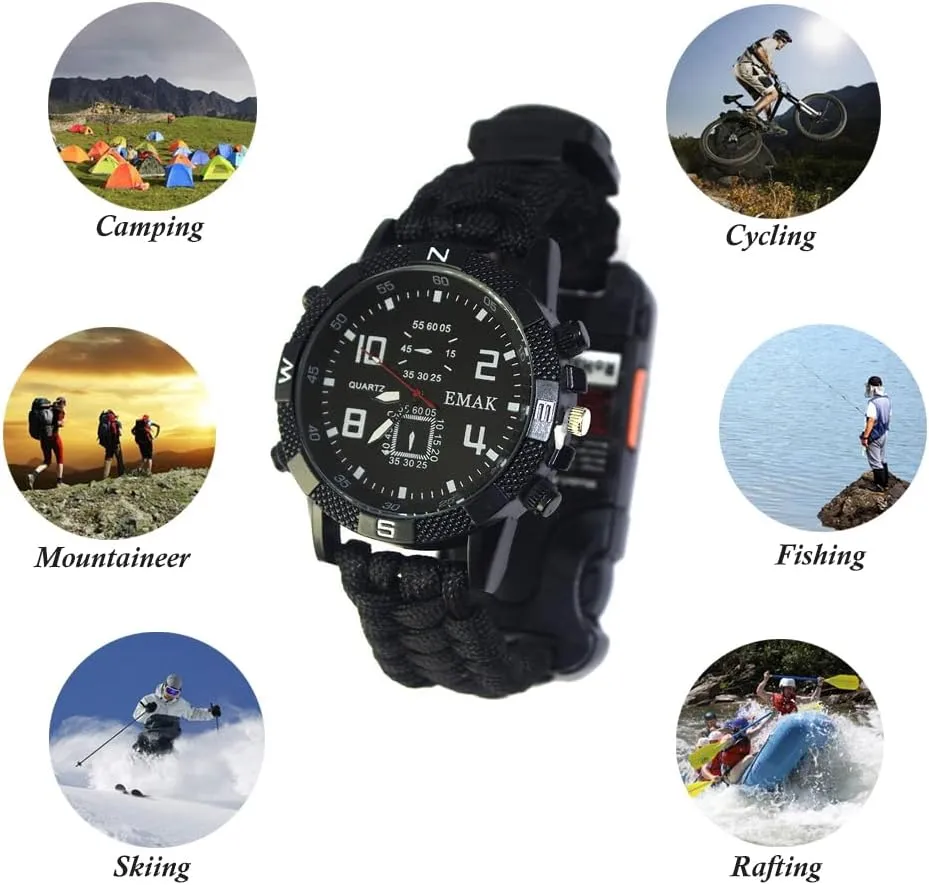 Rechargeable Sports Wrist Watch - Men's Multifunction Outdoor Survival Bracelet Emergency Wristband First Aid Tools with Paracord Multi-Lights Compass Whistle Thermometer Mirror Sim Pin