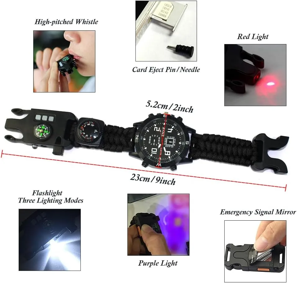 Rechargeable Sports Wrist Watch - Men's Multifunction Outdoor Survival Bracelet Emergency Wristband First Aid Tools with Paracord Multi-Lights Compass Whistle Thermometer Mirror Sim Pin