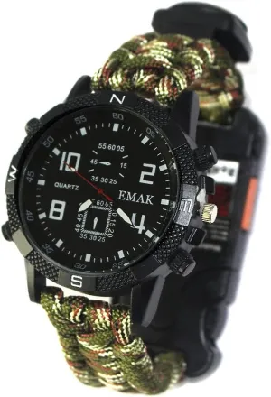 Rechargeable Sports Wrist Watch - Men's Multifunction Outdoor Survival Bracelet Emergency Wristband First Aid Tools with Paracord Multi-Lights Compass Whistle Thermometer Mirror Sim Pin