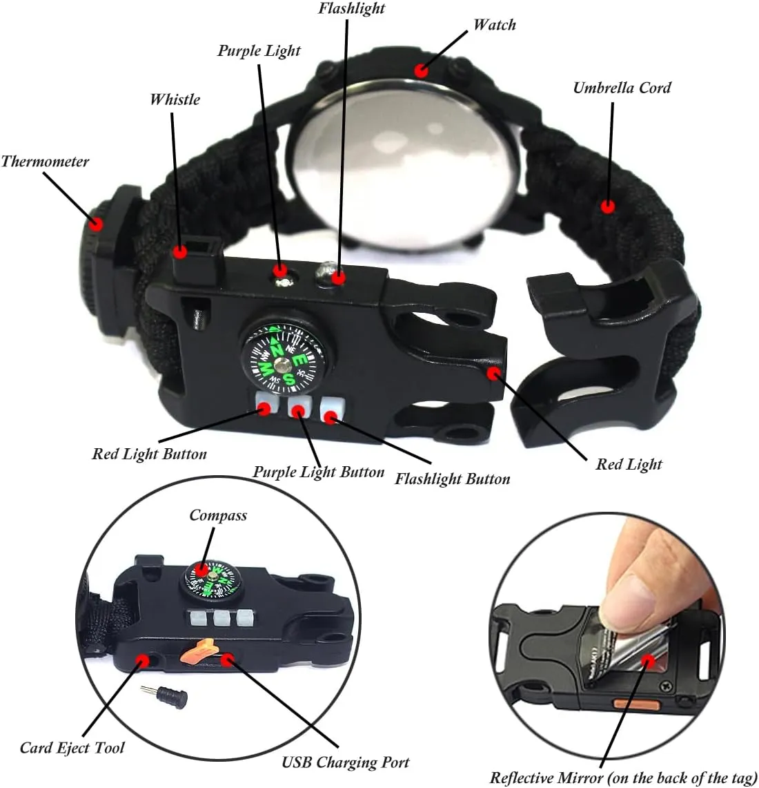 Rechargeable Sports Wrist Watch - Men's Multifunction Outdoor Survival Bracelet Emergency Wristband First Aid Tools with Paracord Multi-Lights Compass Whistle Thermometer Mirror Sim Pin