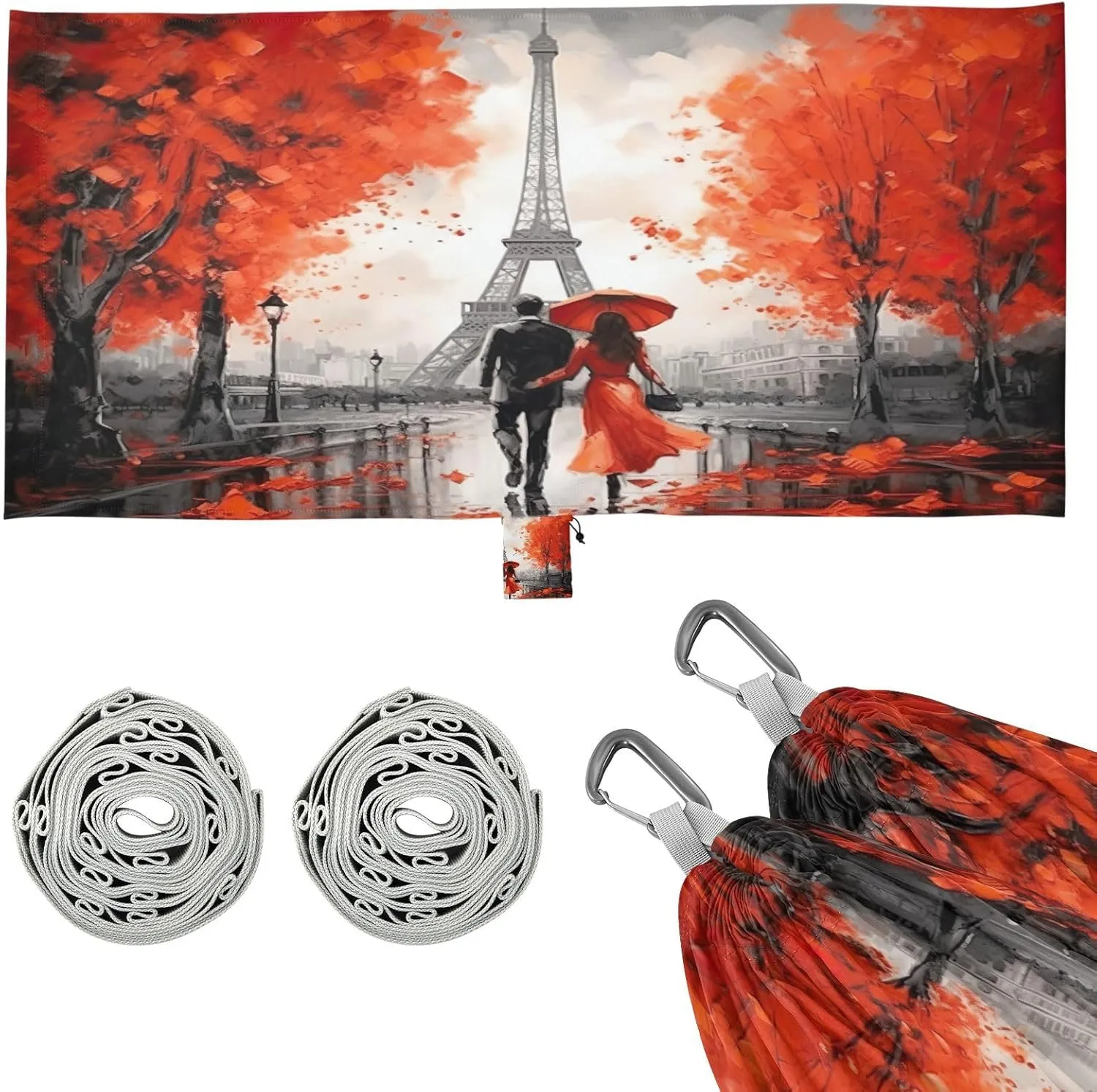 Red Paris Street Camping Hammock, Single Portable Hammocks with Tree Straps & Attached Carry Bag, 330Lbs Capacity Perfect for Outside Indoor Hiking Beach Backpack Travel