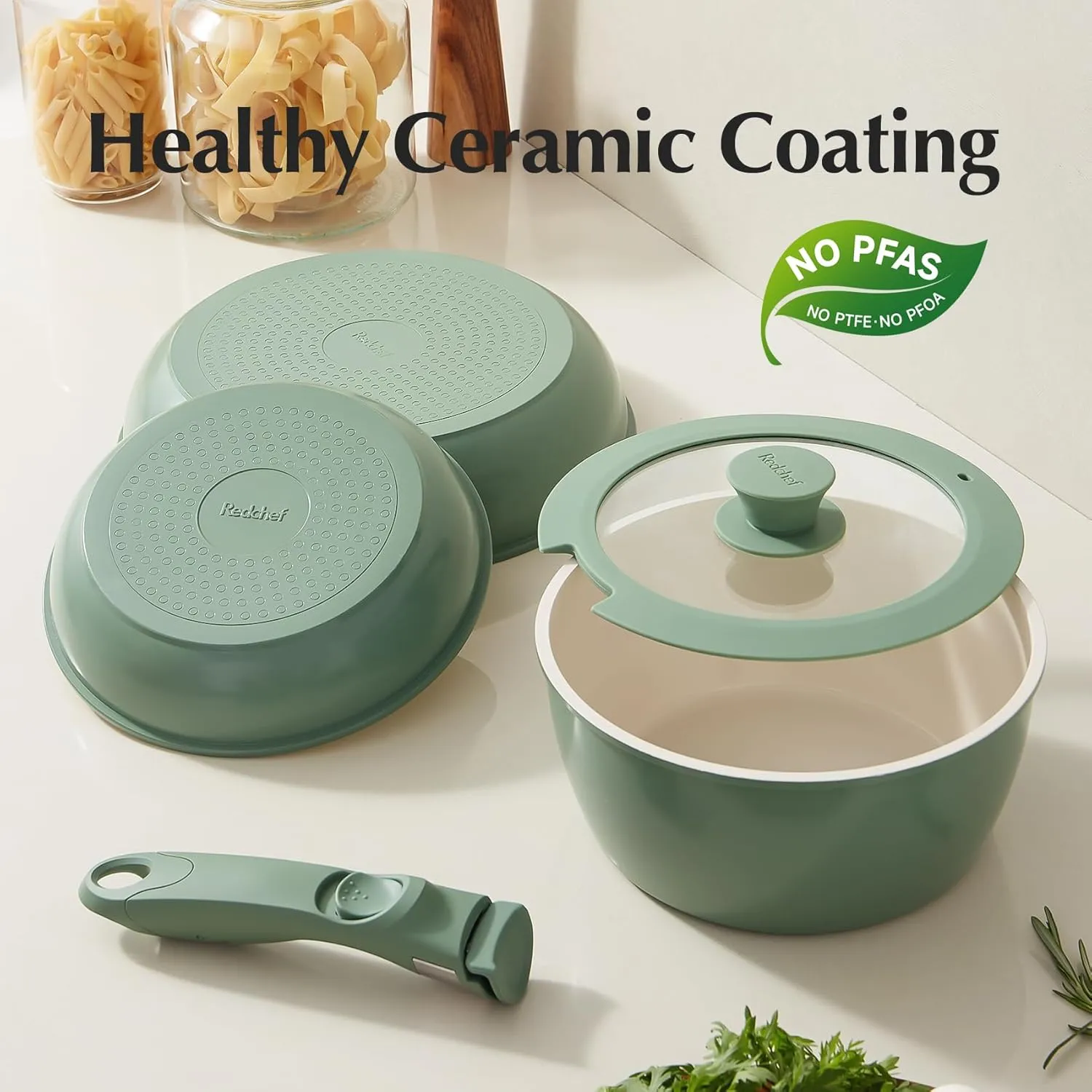 Redchef Ceramic Nonstick Pans and Pots Set, Ceramic Cookware Set with Detachable Handles16Pcs, Induction Dishwasher Oven Safe Kitchen Cooking Set, PFAS PFOA & PTFE Free, Green