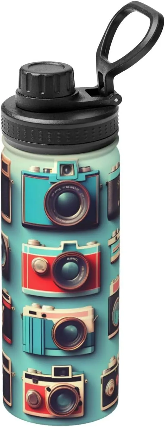 Retro Cool Camera Collection Sports Insulated Water Bottle - Premium 18 oz. Stainless Steel Hydration Bottle for Outdoor Enthusiasts