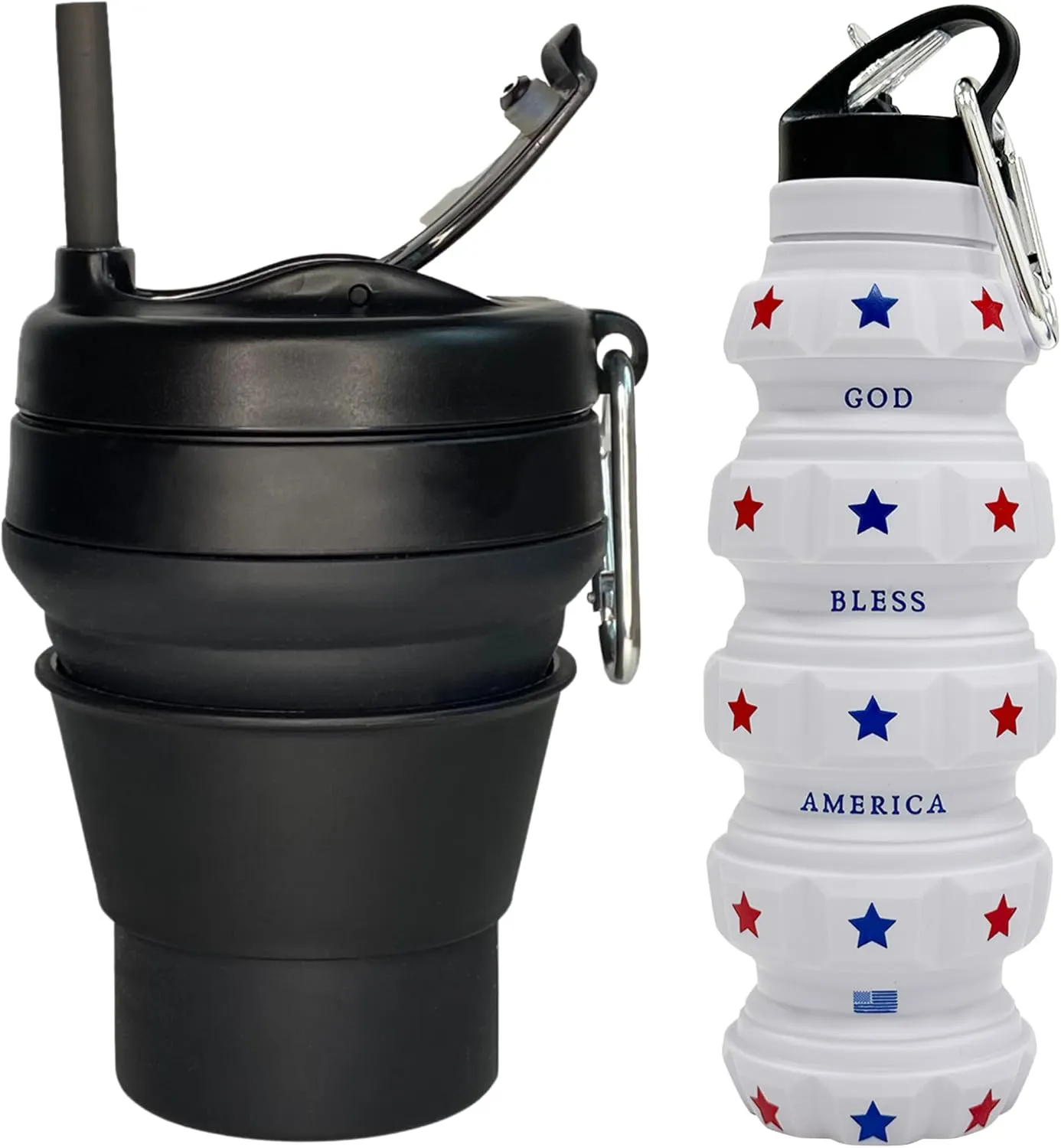 Reusable Coffee Cup and Collapsible Water Bottle Bundle - Collapsible Cups for Traveling and Camping - Lightweight Leak-Proof Silicone Water Bottle American Flag Design - 16oz Mug & 20oz Bottle