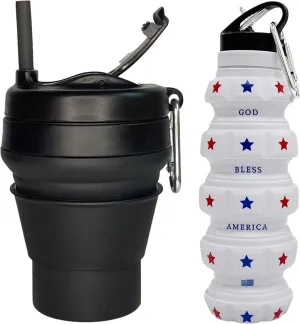 Reusable Coffee Cup and Collapsible Water Bottle Bundle - Collapsible Cups for Traveling and Camping - Lightweight Leak-Proof Silicone Water Bottle American Flag Design - 16oz Mug & 20oz Bottle