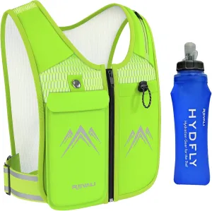 REVALI Zip Reflective Running Vests with Hydration Bottle, Adjustable Waistband & Breathable Material, Chest Pack Gear Phone Holder for Men & Women