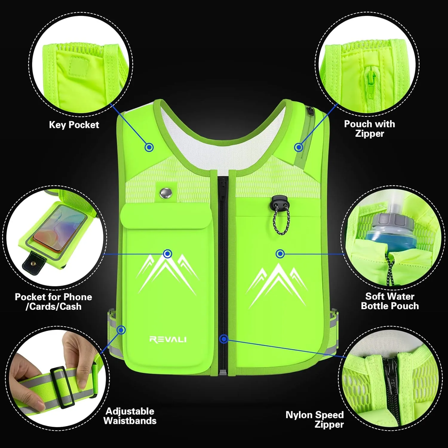REVALI Zip Reflective Running Vests with Hydration Bottle, Adjustable Waistband & Breathable Material, Chest Pack Gear Phone Holder for Men & Women