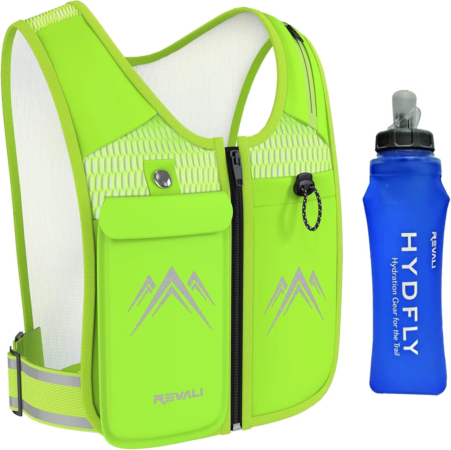 REVALI Zip Reflective Running Vests with Hydration Bottle, Adjustable Waistband & Breathable Material, Chest Pack Gear Phone Holder for Men & Women