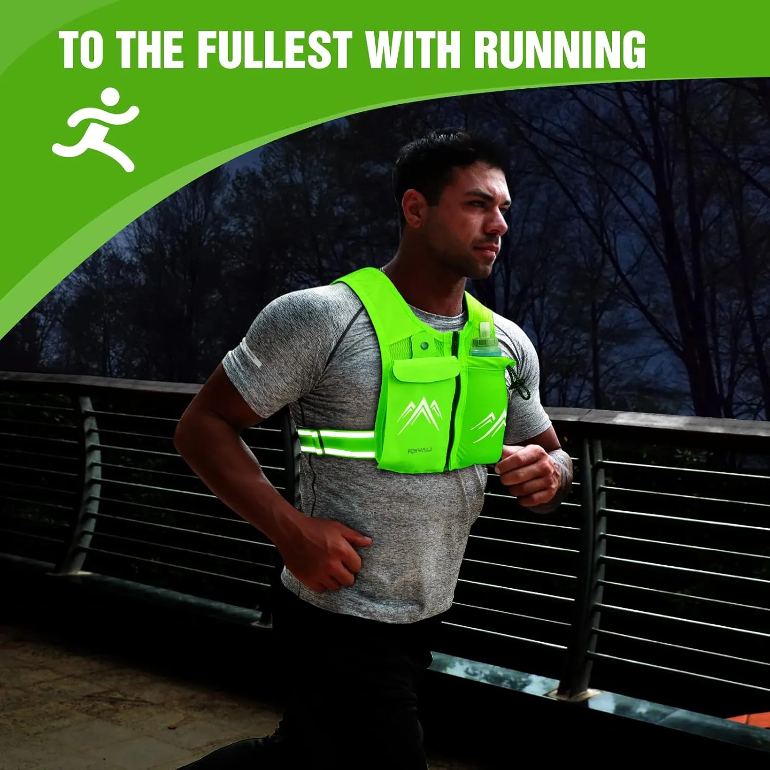 REVALI Zip Reflective Running Vests with Hydration Bottle, Adjustable Waistband & Breathable Material, Chest Pack Gear Phone Holder for Men & Women