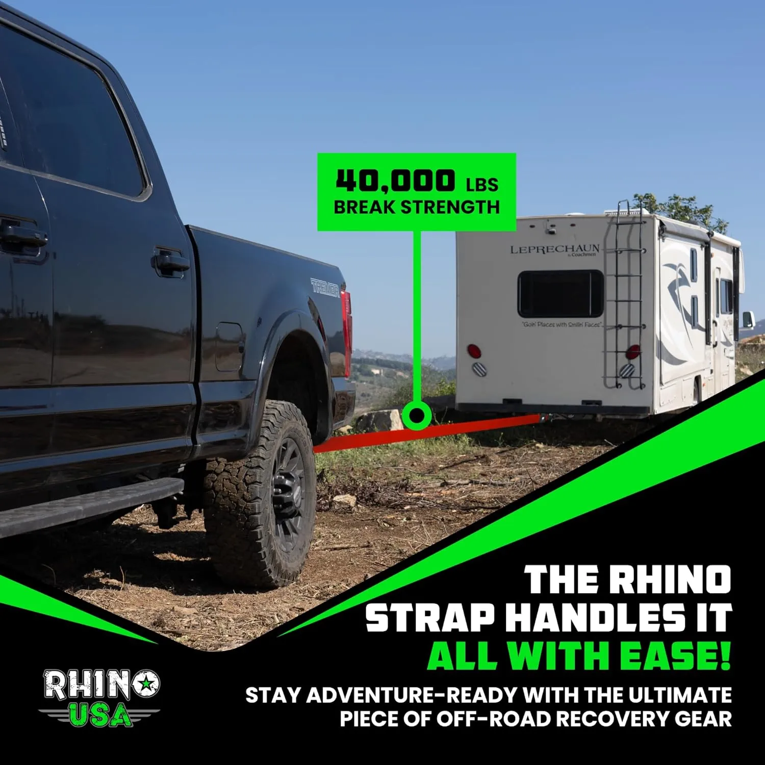 Rhino USA Recovery Tow Strap (4" x 30') - 40,320lb Break Strength - Emergency Recovery Strap Tow Rope for Diesel Trucks, Backhoe, Excavators & More - Heavy Duty Towing Strap for Offroad 4x4 Use (Red)