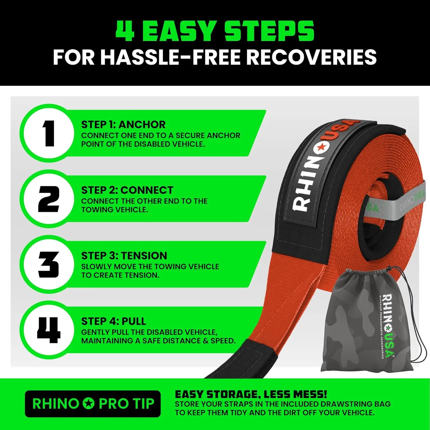 Rhino USA Recovery Tow Strap (4" x 30') - 40,320lb Break Strength - Emergency Recovery Strap Tow Rope for Diesel Trucks, Backhoe, Excavators & More - Heavy Duty Towing Strap for Offroad 4x4 Use (Red)