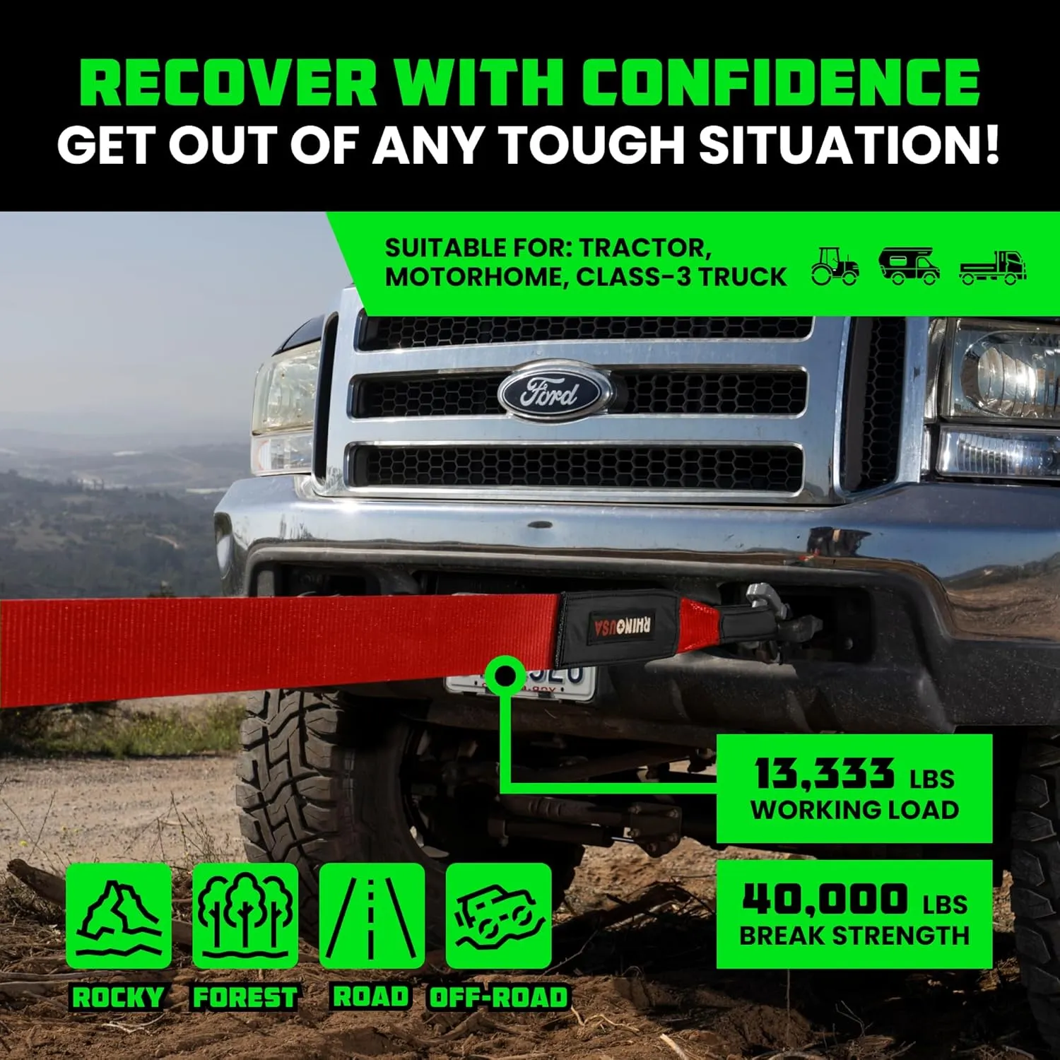 Rhino USA Recovery Tow Strap (4" x 30') - 40,320lb Break Strength - Emergency Recovery Strap Tow Rope for Diesel Trucks, Backhoe, Excavators & More - Heavy Duty Towing Strap for Offroad 4x4 Use (Red)
