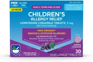 Rite Aid Children's Non-Drowsy Allergy Relief Chewable Tablets, Grape Flavor, Loratadine, 5 mg - 30 Count | Children's Allergy Medicine | Allergy Medication Tablets for Kids' (New)