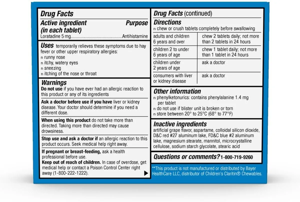 Rite Aid Children's Non-Drowsy Allergy Relief Chewable Tablets, Grape Flavor, Loratadine, 5 mg - 30 Count | Children's Allergy Medicine | Allergy Medication Tablets for Kids' (New)