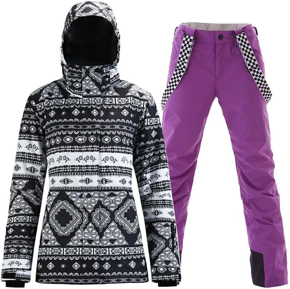 RIUIYELE Women's Ski Suit Windproof Waterproof Snowboard Colorful Printed Ski Jacket and Pants Set