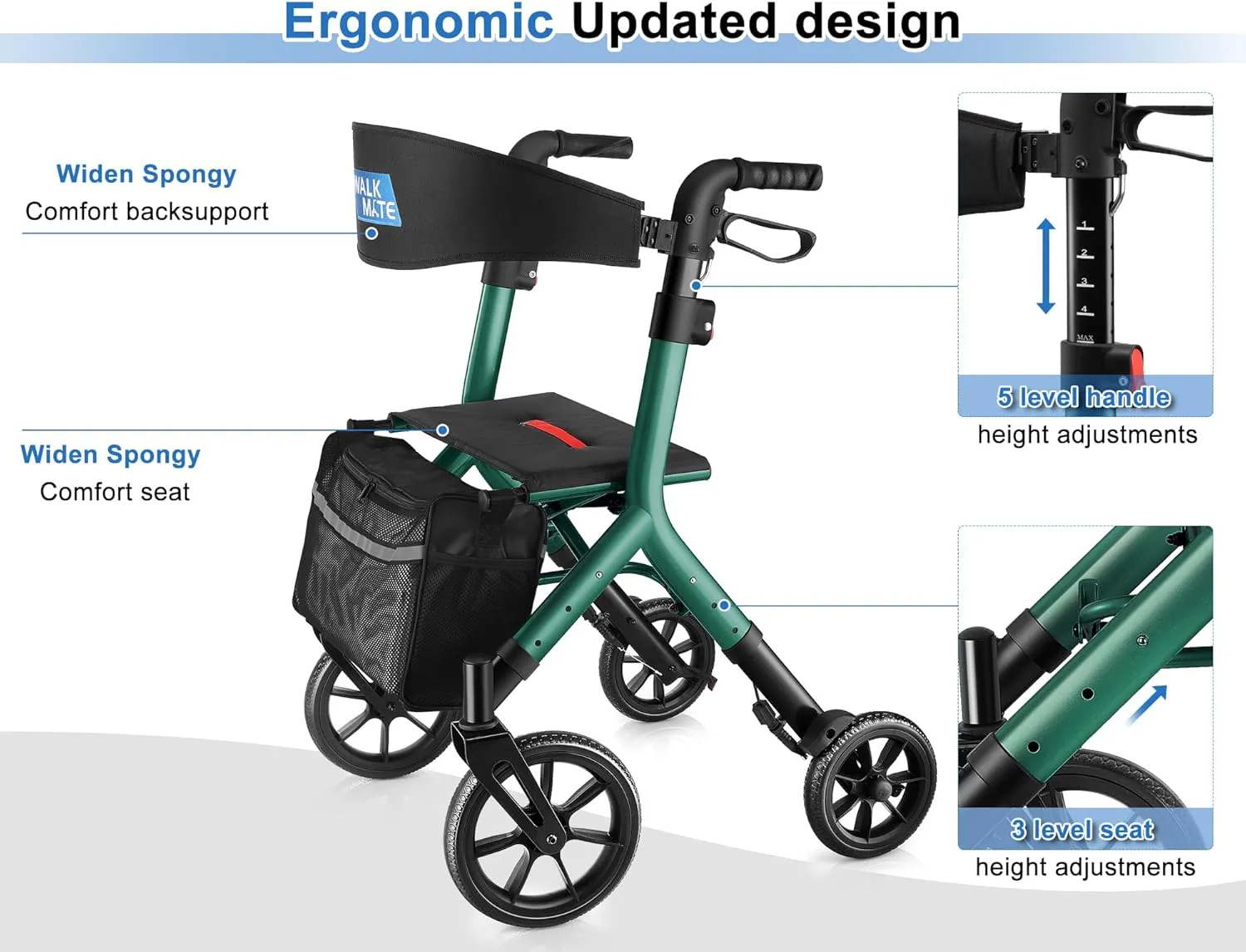 Rollator Walker for Seniors Taller 5.3~7ft with Height-Adjustable Seat, 10 Inch Wheels Wire-Hidden Walkers Compact Folding Design Lightweight Mobility Walking Aid Widen Backrest, Green