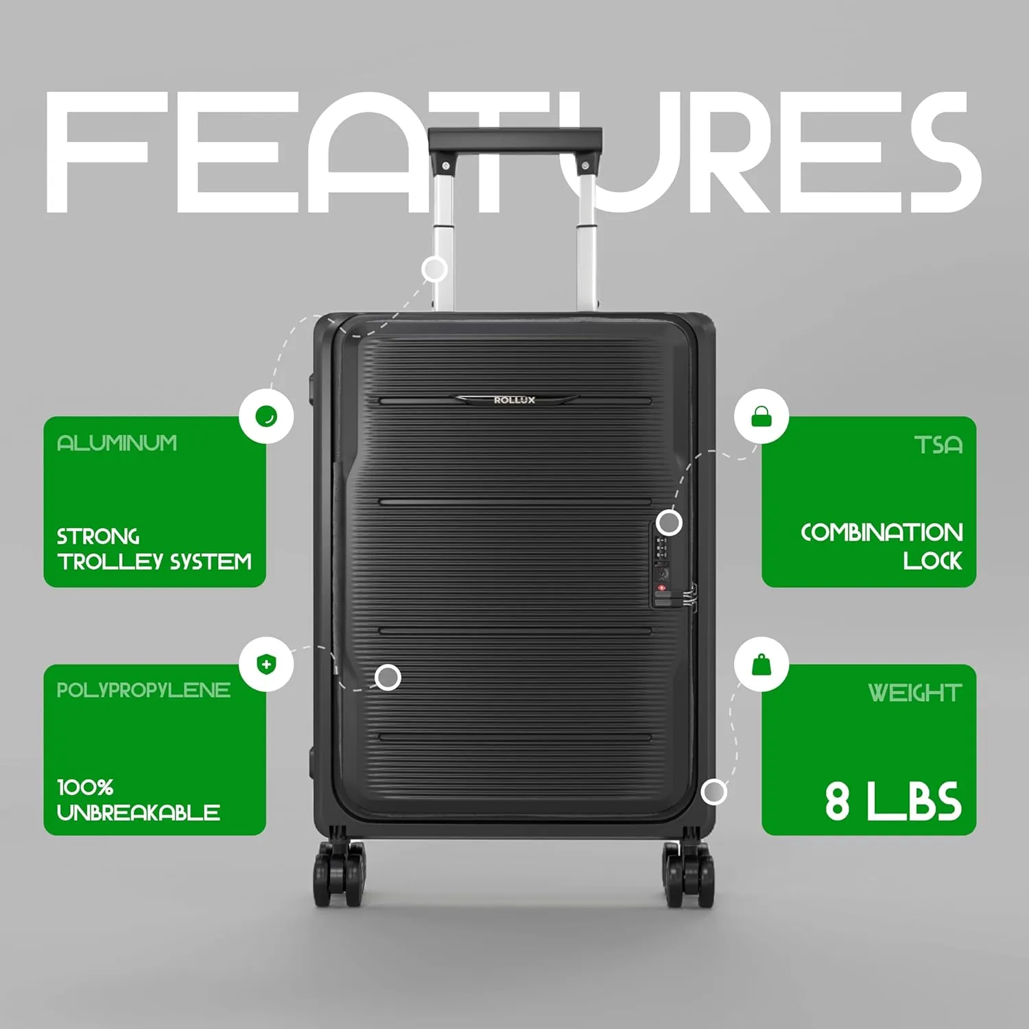 Rollux Collapsible Suitcase with Wheels, Water and Impact Resistant Hard Shell Carry On Luggage with Silent Double Spinner Wheels, 20 Inch Carry On Luggage with TSA Lock, [20 inch] – Black
