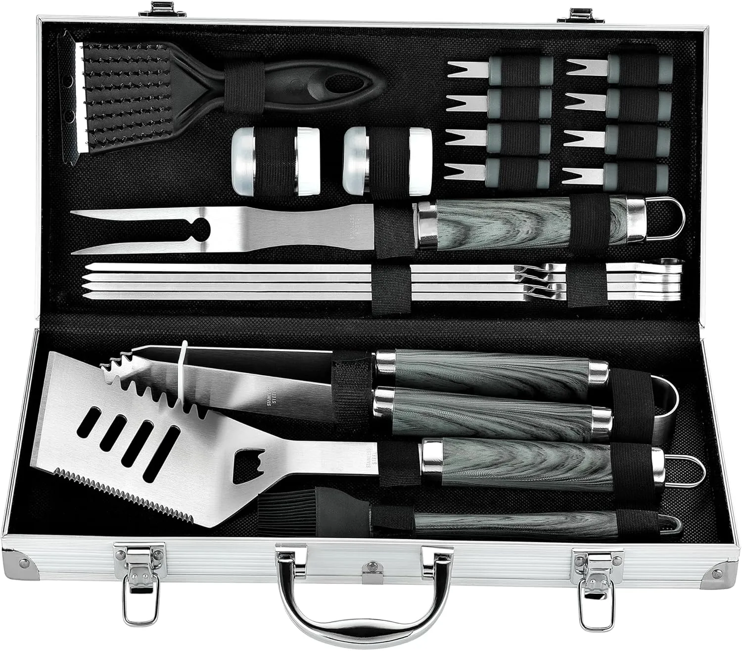 ROMANTICIST 20pc Heavy Duty BBQ Grill Tool Set in Case - The Very Best Grill Gift for Father's Day and Christmas - Professional BBQ Accessories Set for Outdoor Cooking Camping Grilling Smoking, Grey