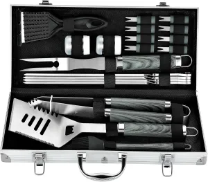ROMANTICIST 20pc Heavy Duty BBQ Grill Tool Set in Case - The Very Best Grill Gift for Father's Day and Christmas - Professional BBQ Accessories Set for Outdoor Cooking Camping Grilling Smoking, Grey
