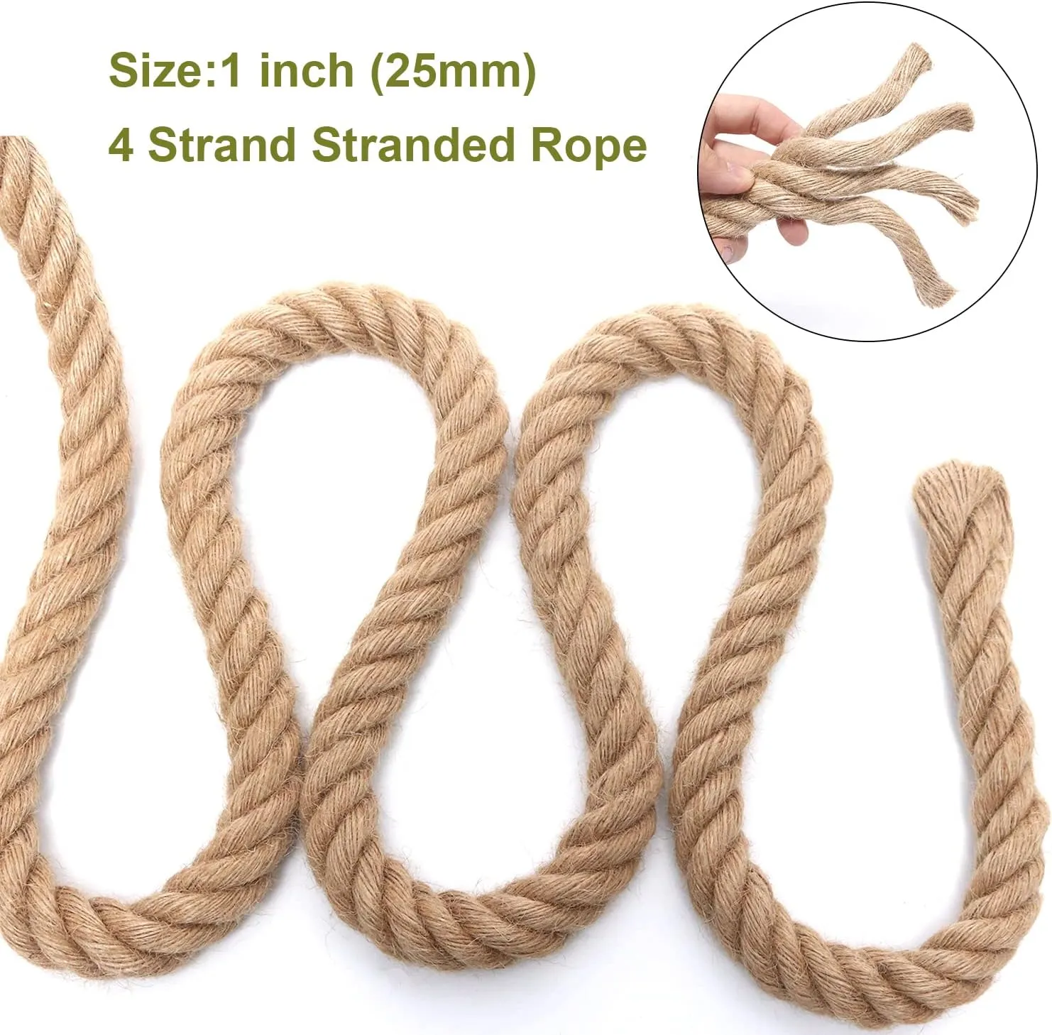 Rope 1 Inch 25 Feet Jute Rope, Heavy Duty Jute Rope,Natural Hemp Rope, Twisted Hemp Rope for Crafts, Gardening, Bundling, Climbing, Hammock, Nautical, Tug of War, Railings, Home Decorating