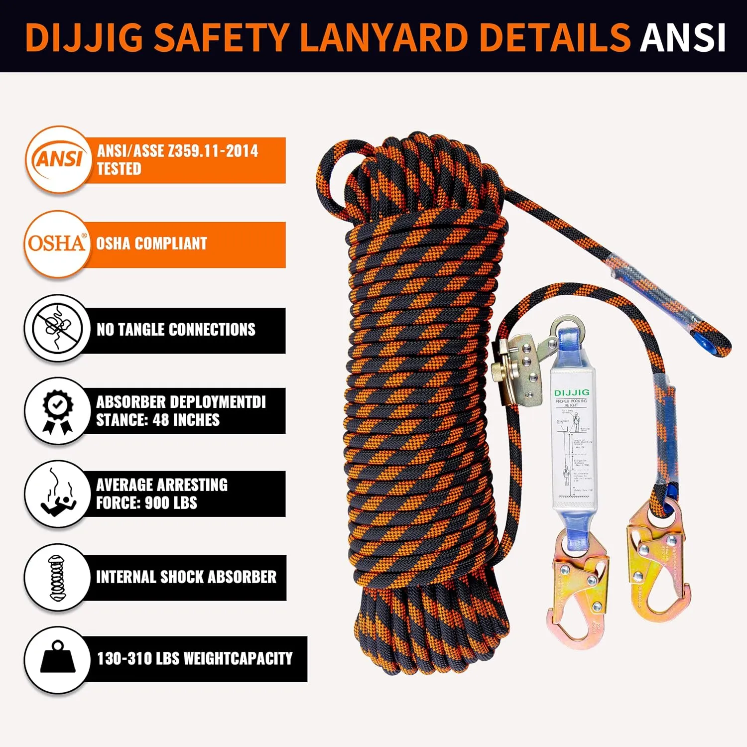 Rope Harness Safety Lanyard 25ft Vertical Roofing Rope With Grab Snap Hooks Shock Absorber Fall Protection Tree Climbing Line Kit Heavy Duty Roof Safety Equipment ANSI CE